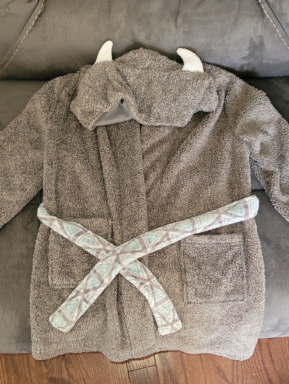 Kids Cozy Hooded Bathrobe - Grey Plush with Horns